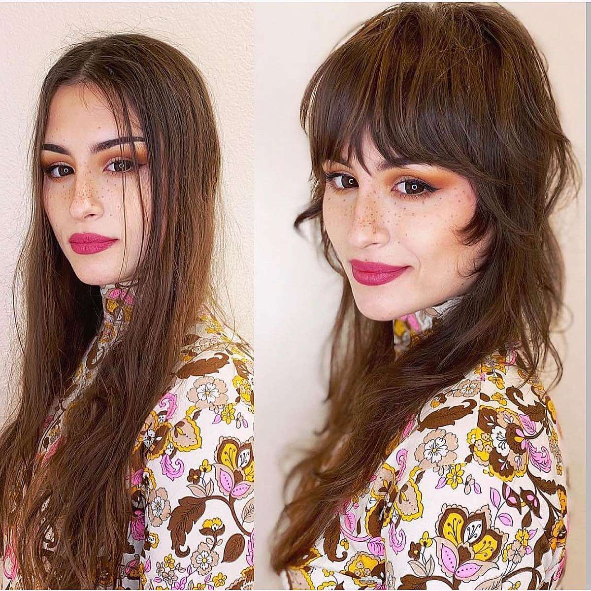 70s shag with crown layers and bangs for straight hair