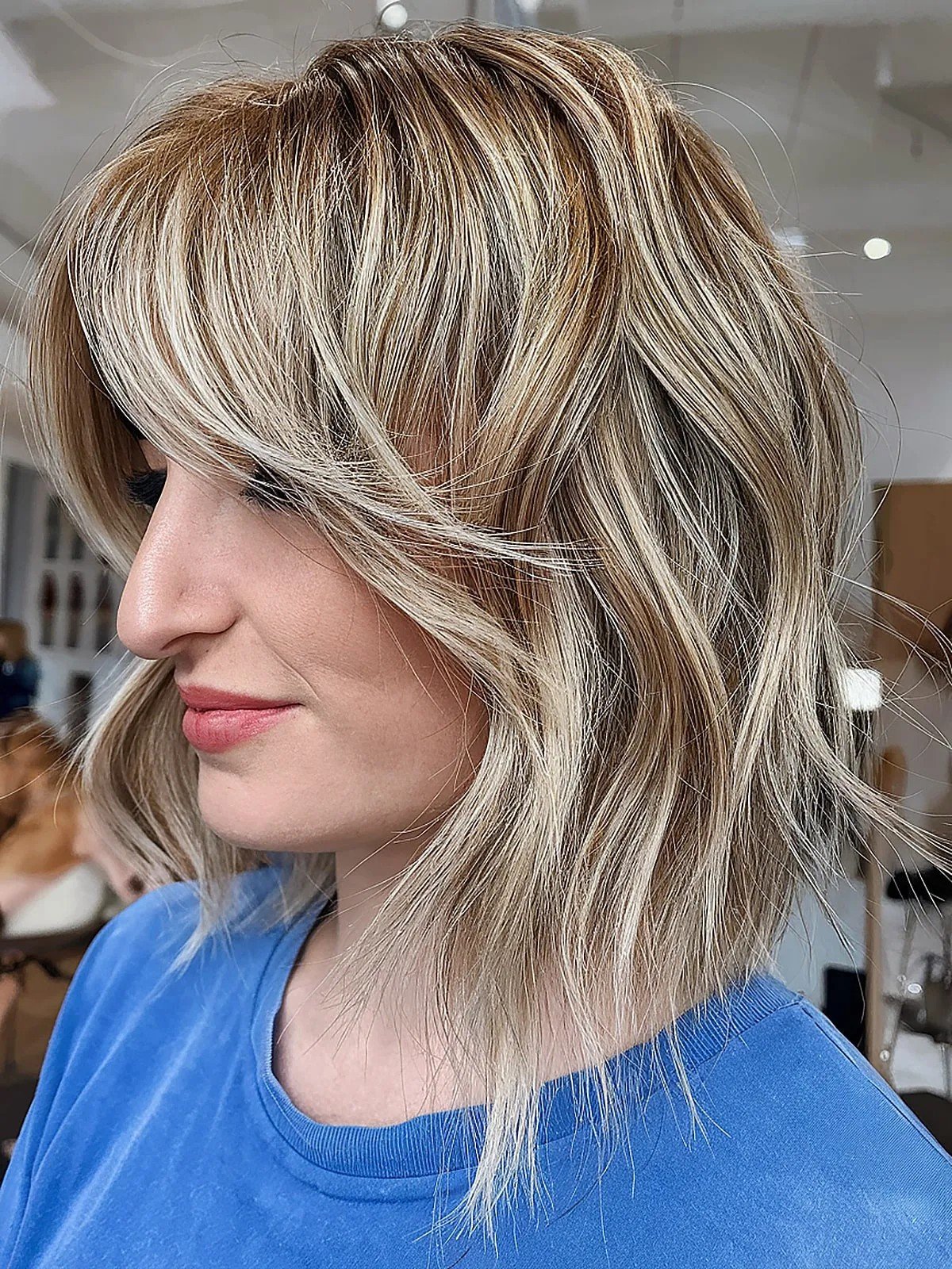 A-Line Choppy Long Bob with Curtain Bangs and Loose Waves