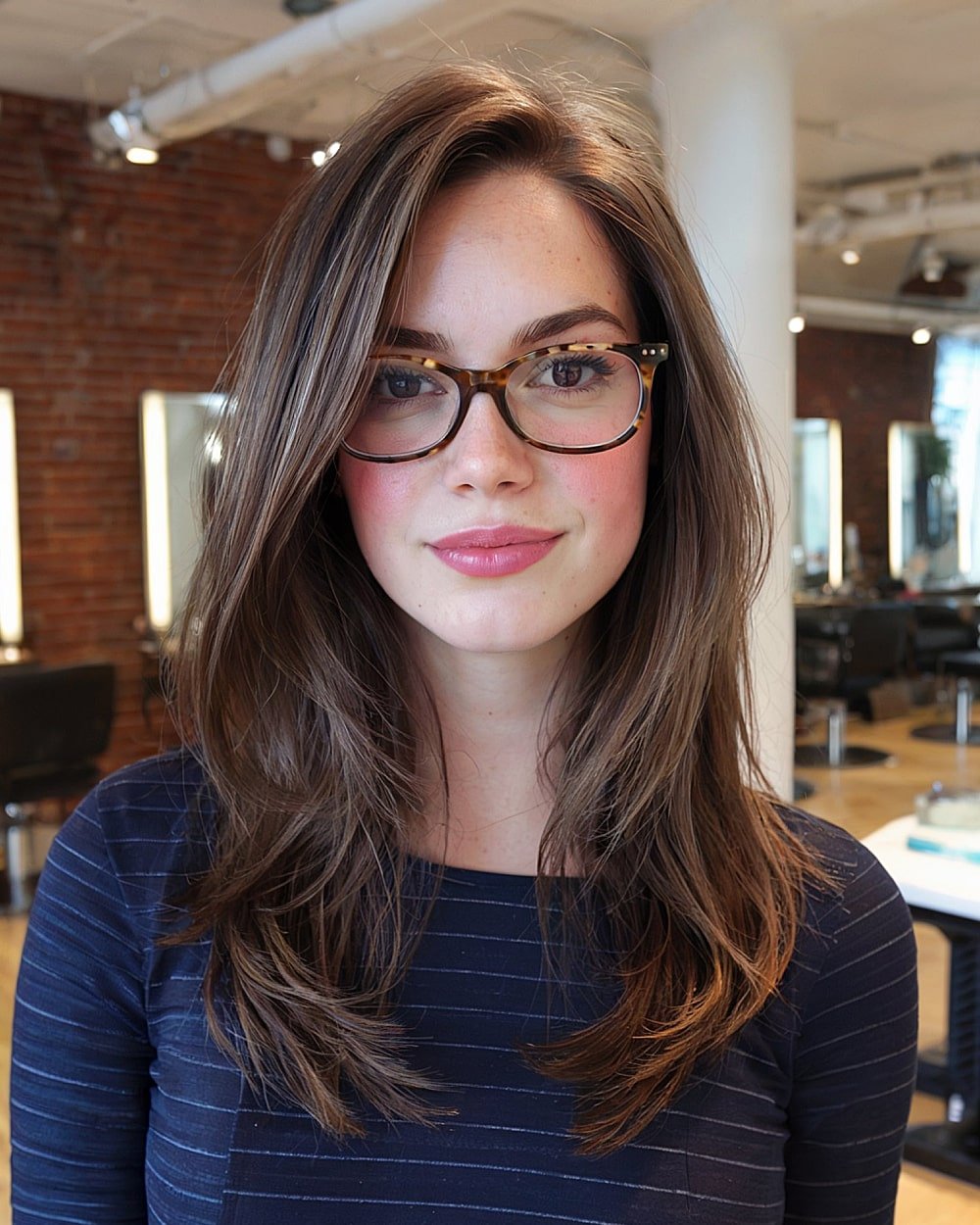 Ash brown butterfly cut with subtle layers and tapered ends for sleek, straight hair