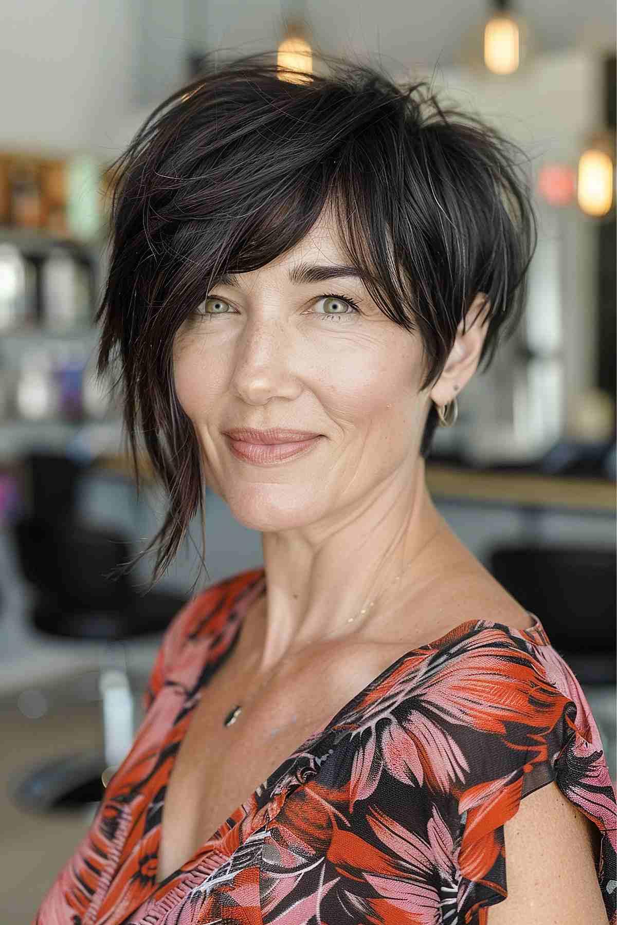 Asymmetrical bob with layered side bangs for straight hair.