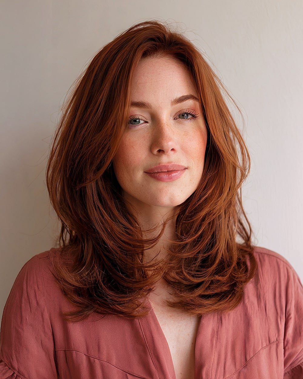 Auburn butterfly haircut with chin-length layering and voluminous rounded shape