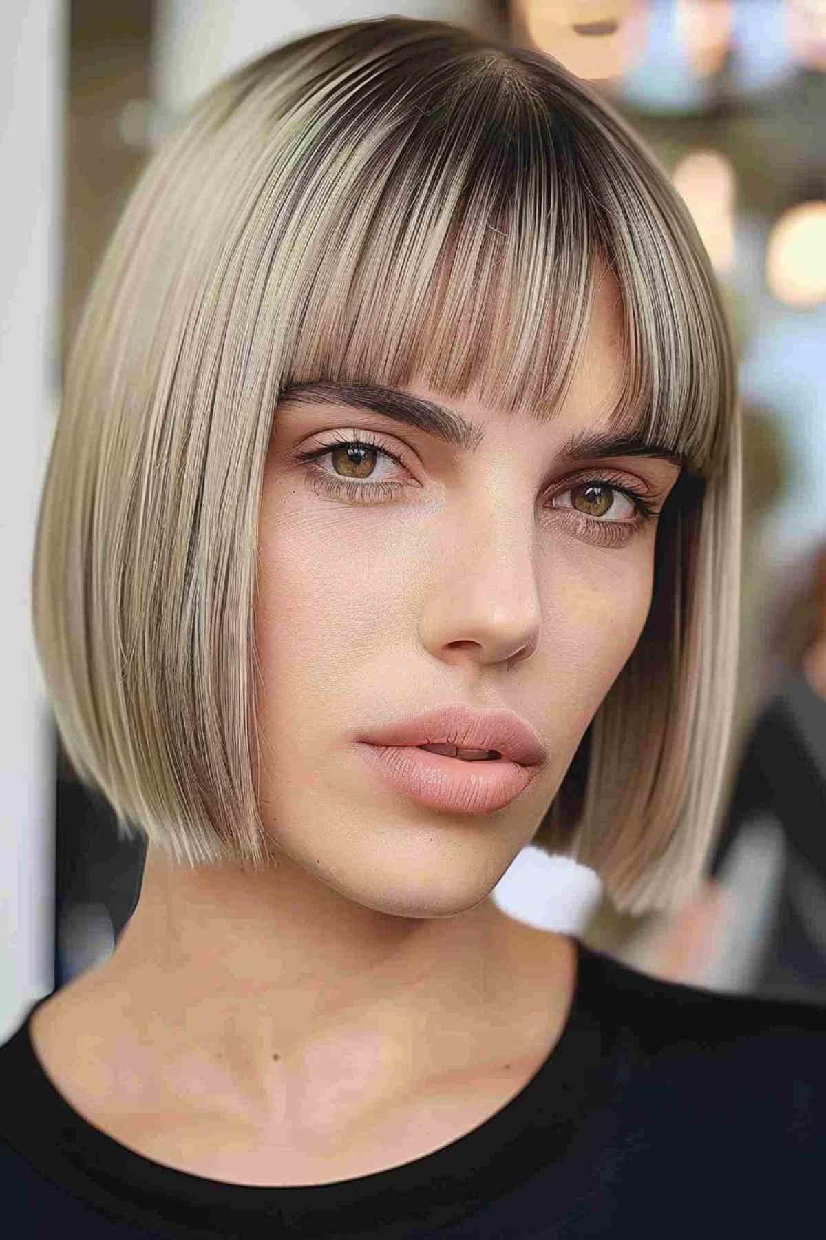 Beautiful blunt bob with bangs, ideal for square-shaped faces.