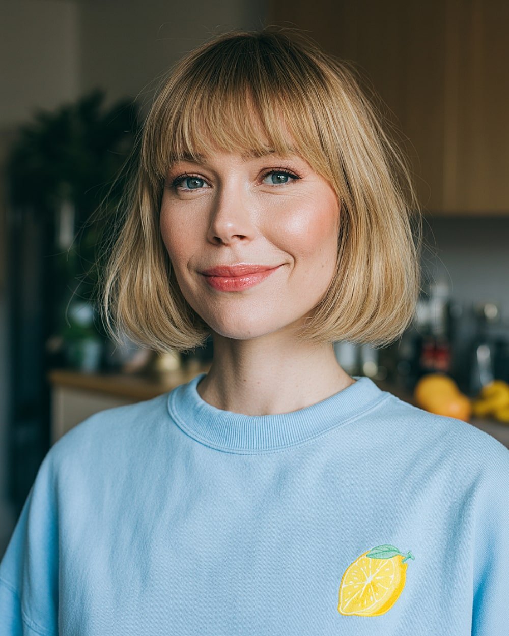 Blonde French bob with full bangs and a softly rounded shape for a fresh, radiant look