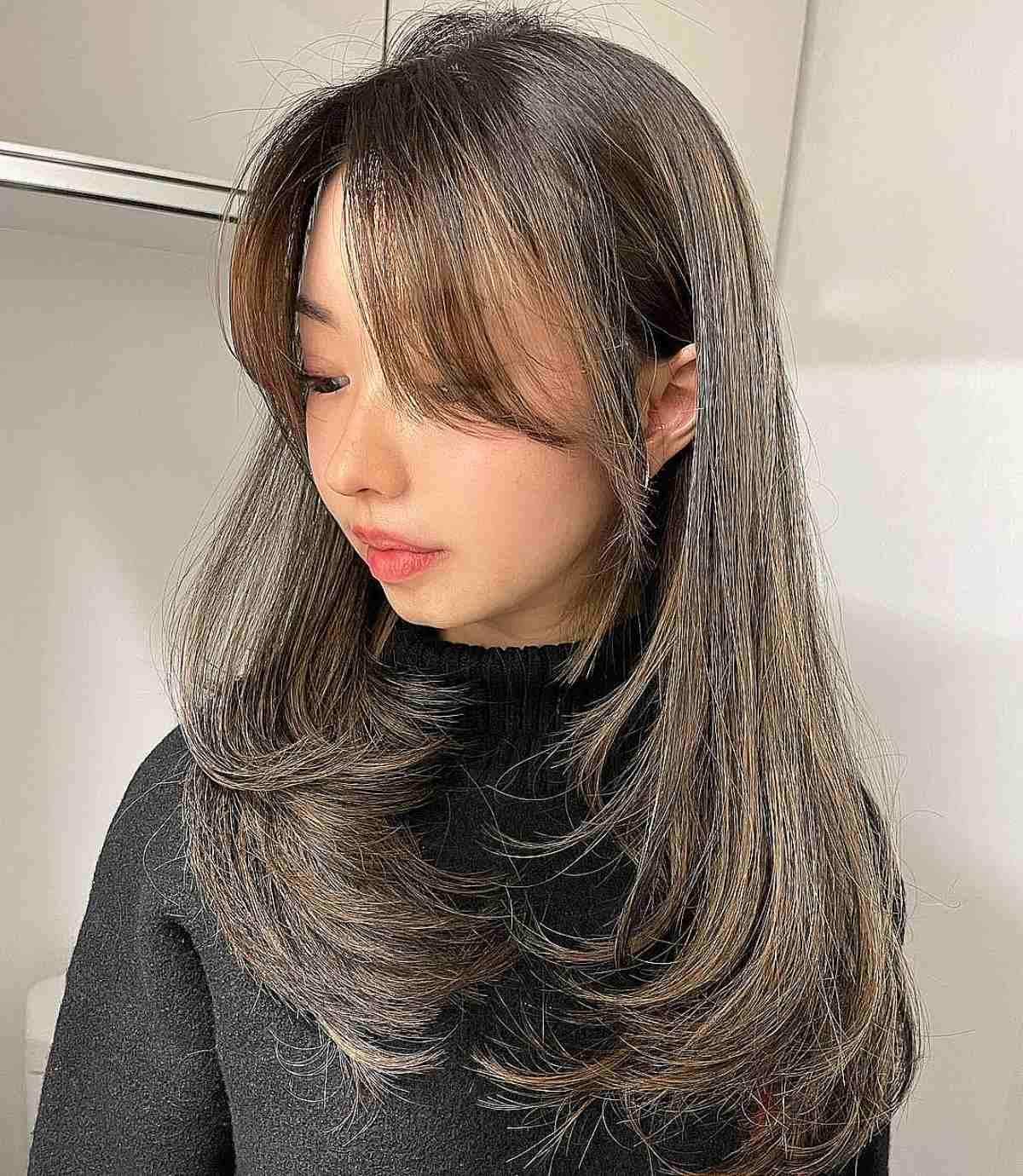 Brunette Swoopy Bangs and Layers