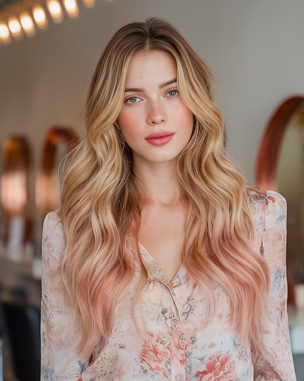 Buttered blonde to rose champagne balayage melt on long dark brown hair with voluminous waves