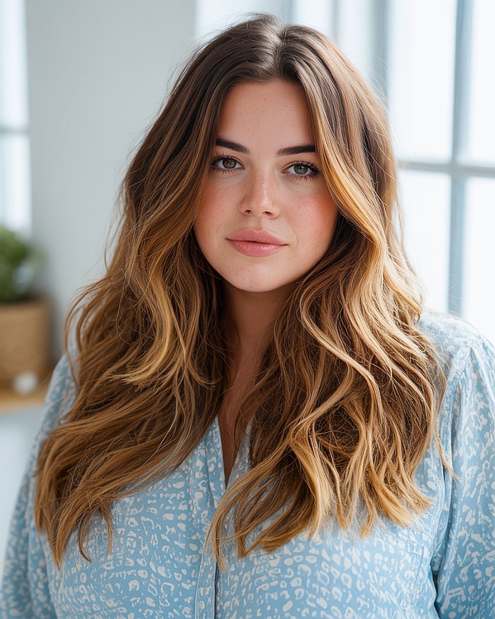 Caramel blonde balayage on extra long dark brown hair with cascading waterfall layers