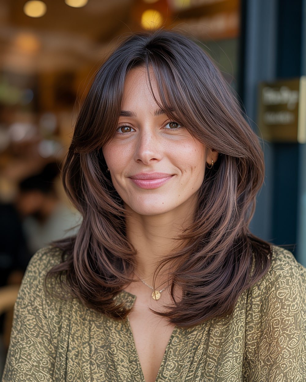 Chocolate brown mid-length butterfly cut with long curtain bangs and soft layers