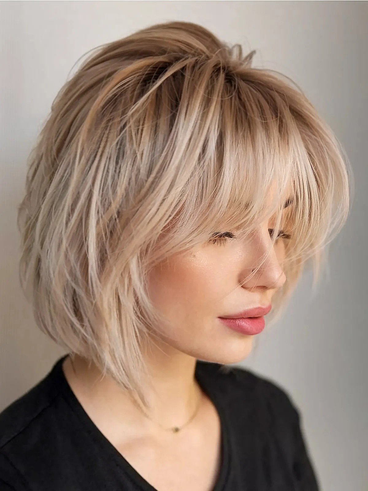 Choppy inverted bob with short curtain bangs