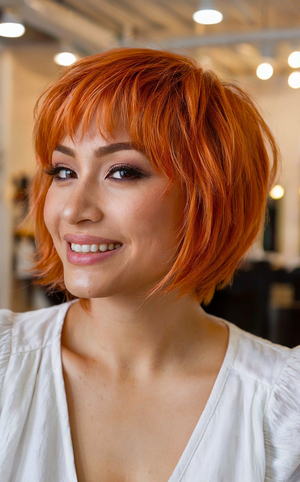 copper hair color for a bob with bangs