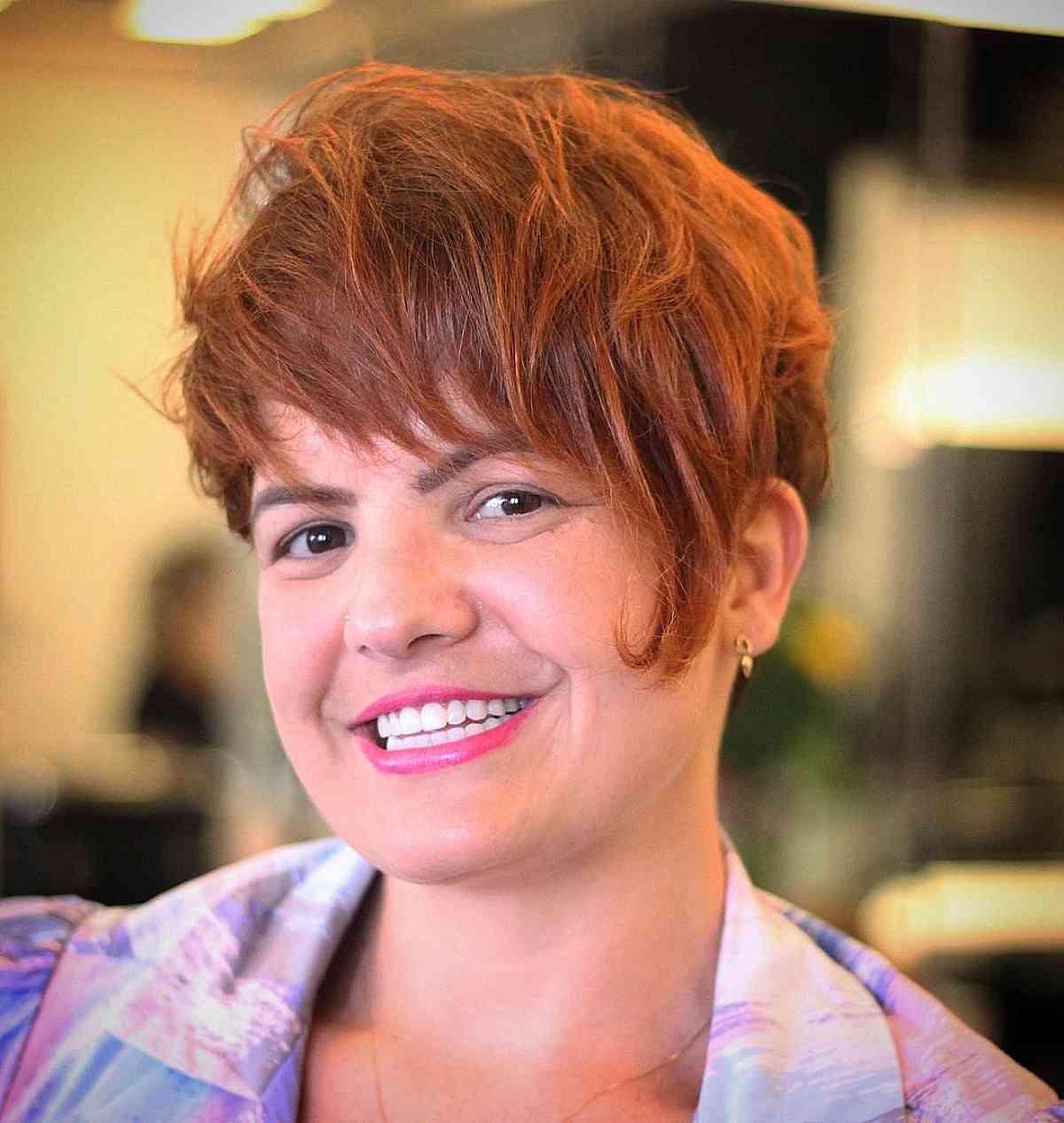 Copper Messy Pixie Cut with Long Bangs