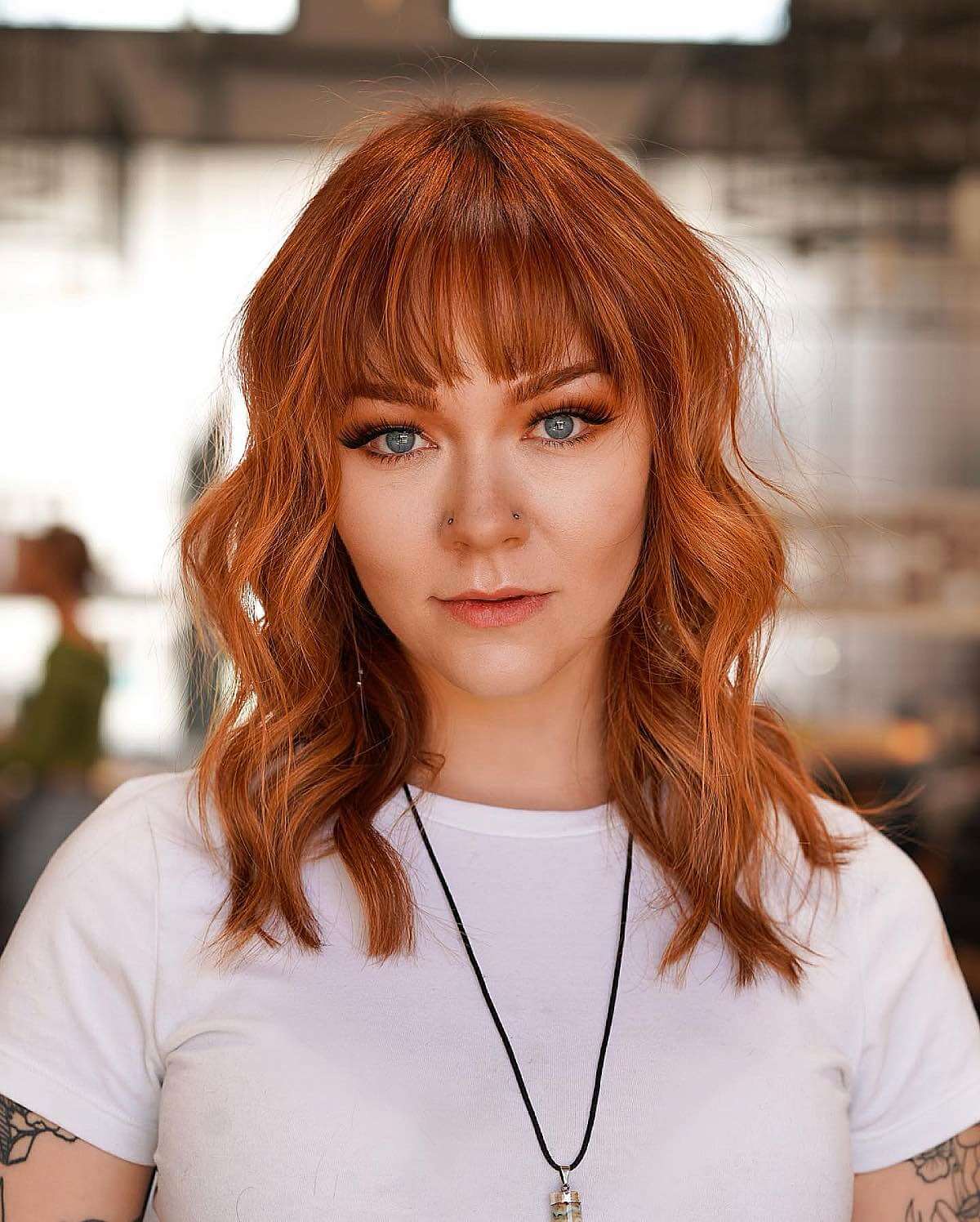 copper shag with choppy bangs