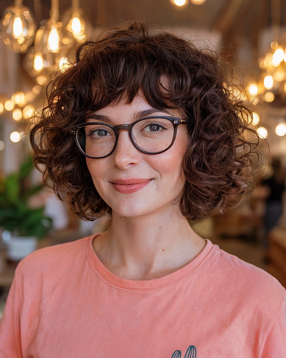 Curly French bob with bangs on dense brown hair for a voluminous, defined shape