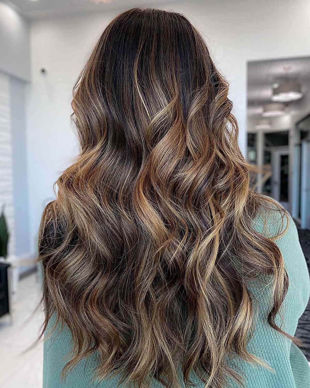 Dark Brown Hair with Caramel Blonde Balayage for Long Layers