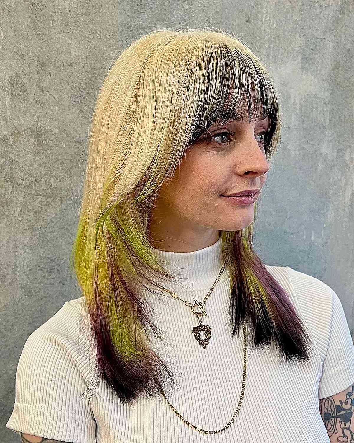 Dip Dye on Layered Medium Blonde Hair with Bangs