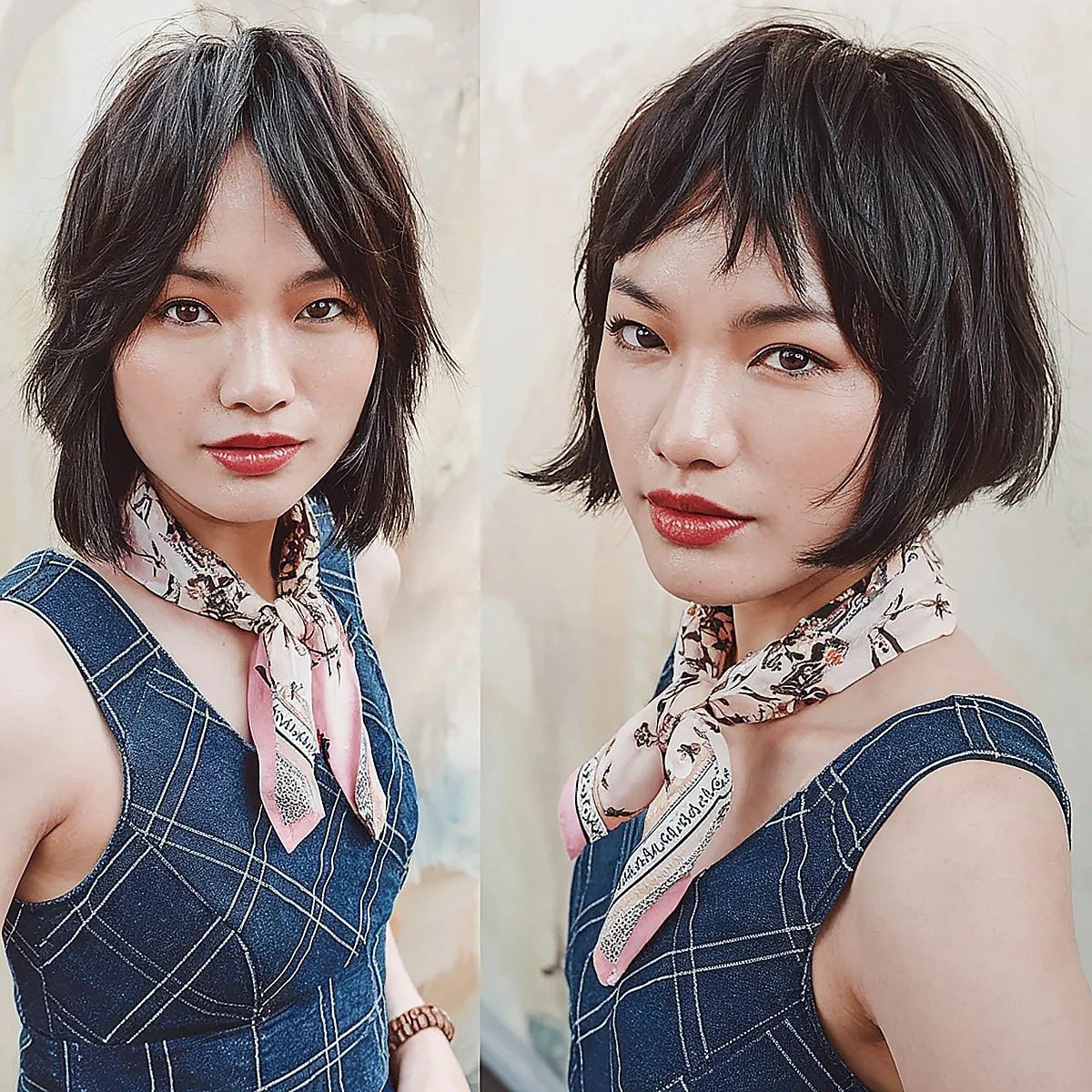 disheveled jet black bob with choppy layers