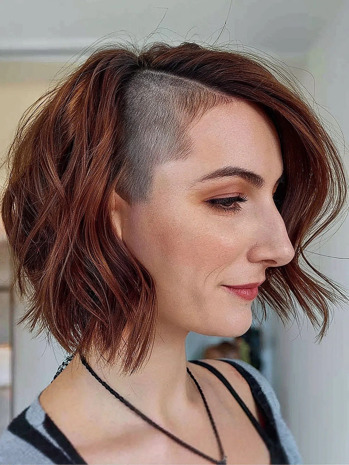 Edgy Neck-Length Bob with a Shaved Side for women over 40