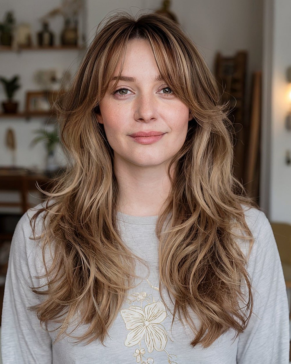 Face-framing butterfly haircut with soft layers and natural waves on warm blonde hair