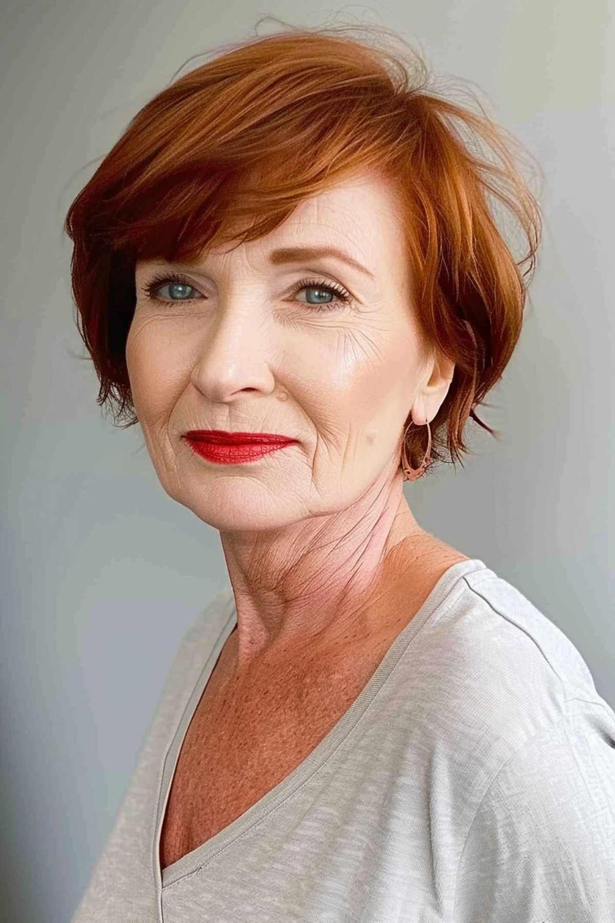 Flirty fringe on a chin-length bob, ideal for older women with fine to medium hair.