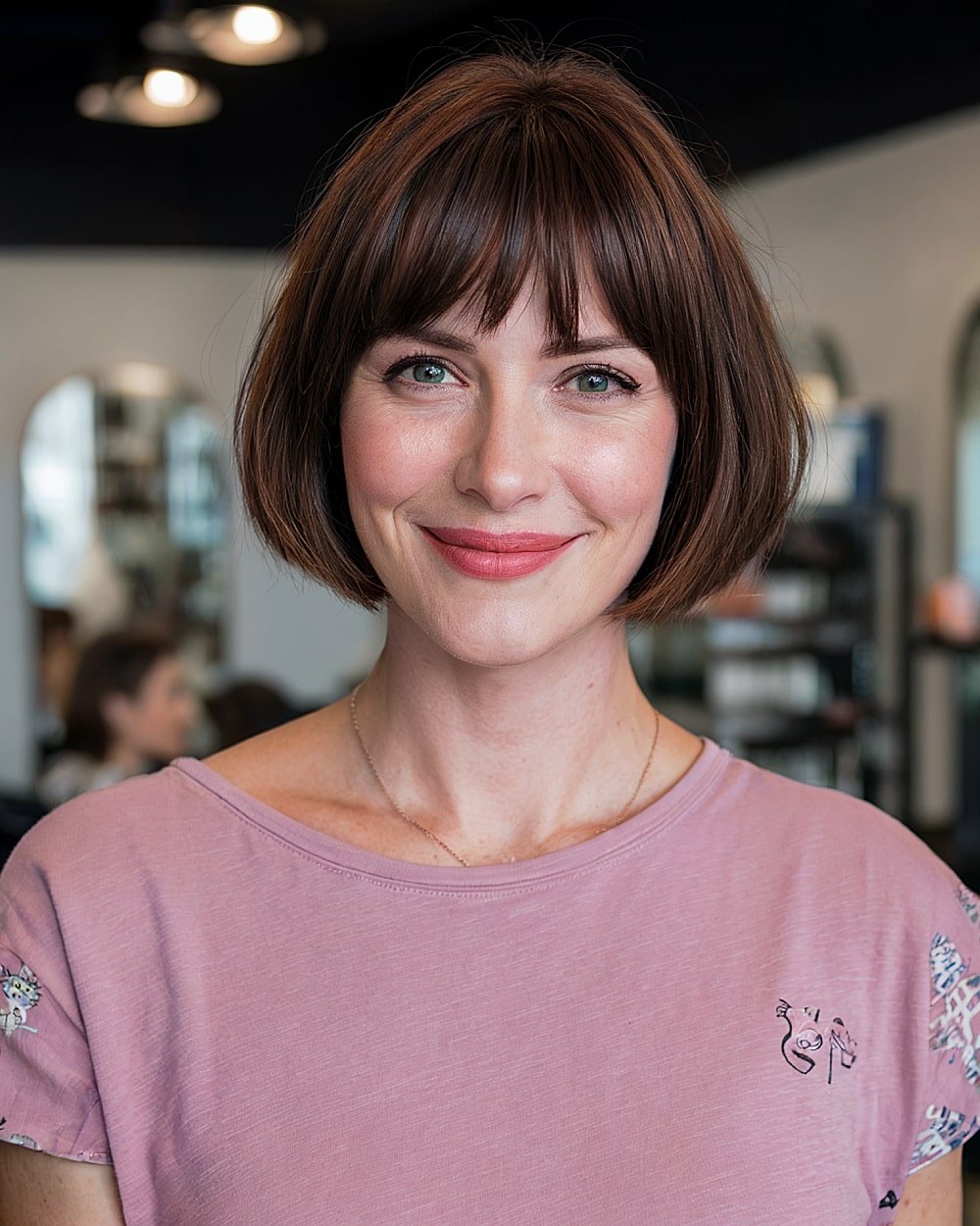 French bob with bangs on chin-length brown hair, ideal for oval face shapes