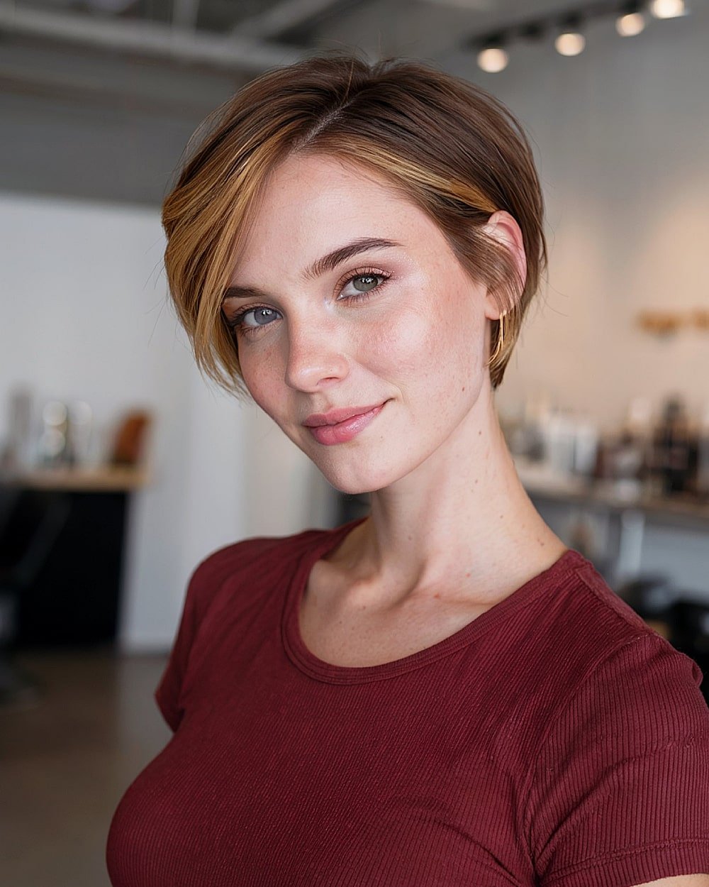 Golden blonde balayage on a short pixie bob with dark brown roots and soft side fringe