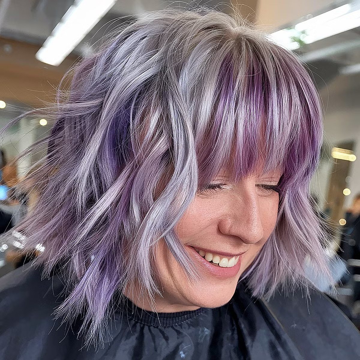 Grey Choppy Bob with Face Frame and Purple Chunky Highlights for Women Over 50