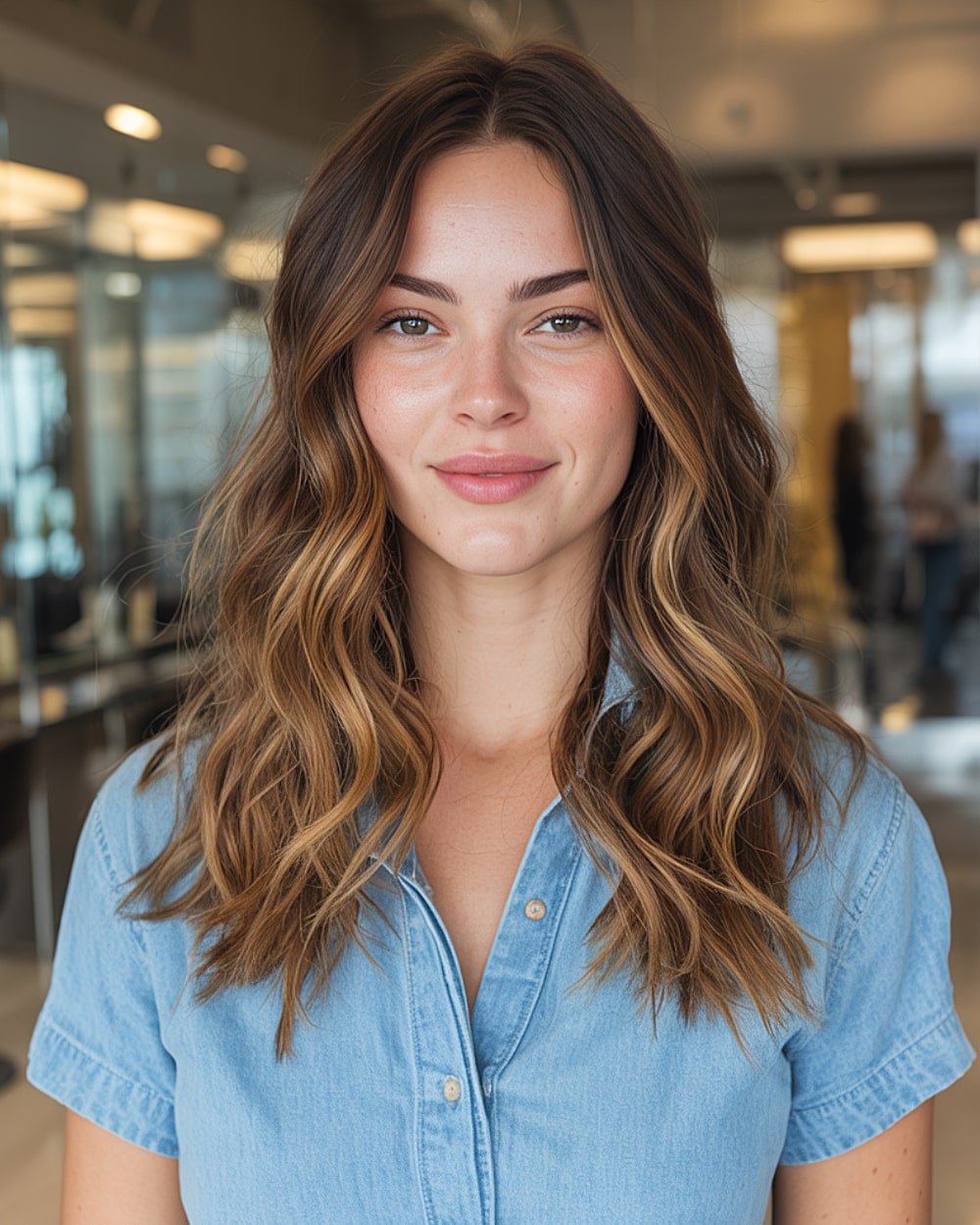 Honey blonde balayage waves on long dark brown hair with soft face-framing layers