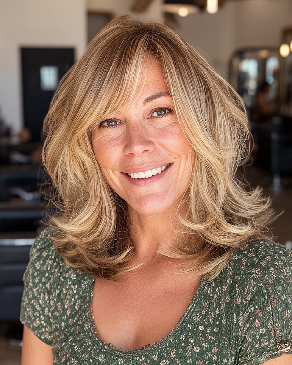 Honey blonde butterfly lob with feathered layers and side-swept bangs on medium-density hair