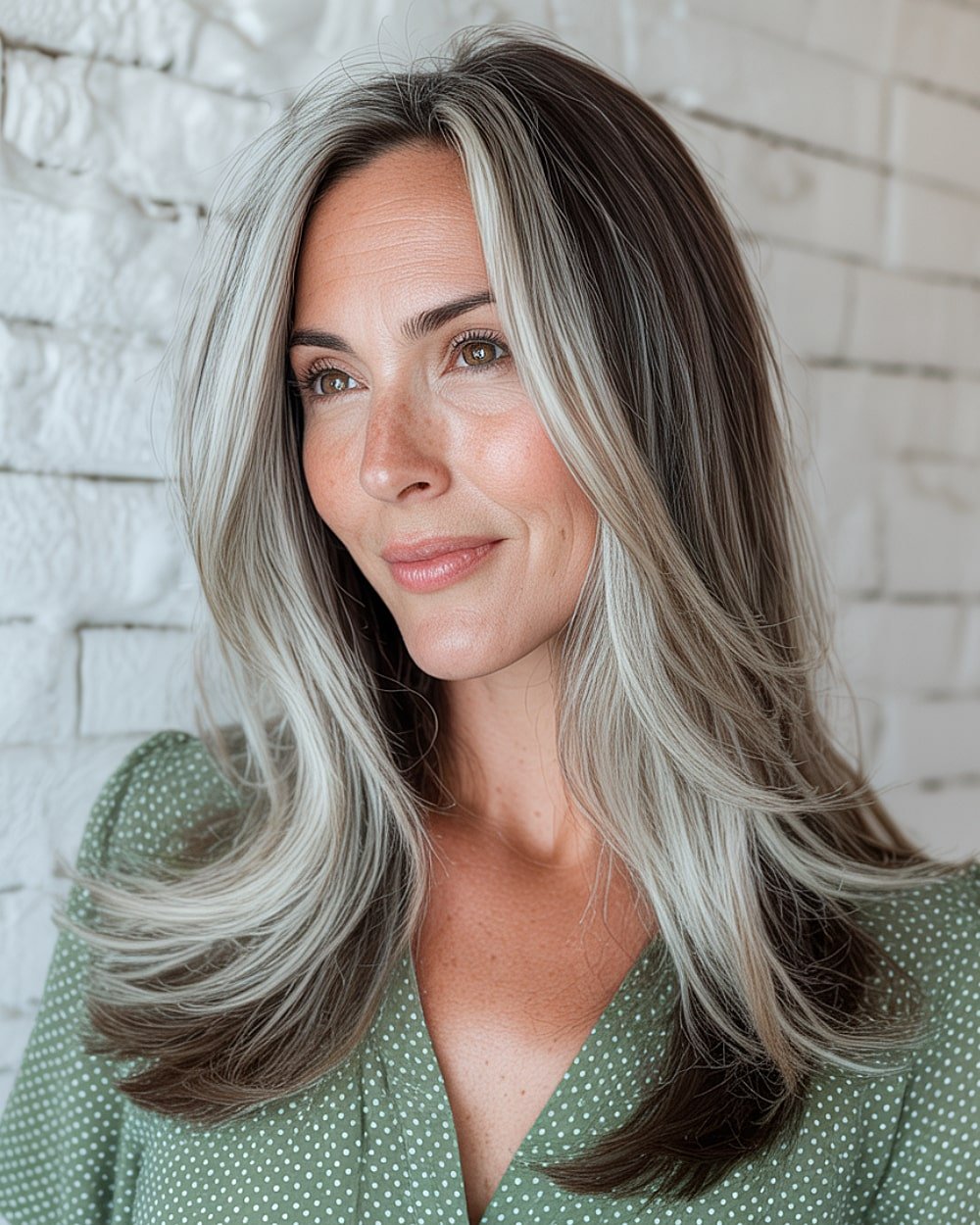 Icy blonde balayage on dark brown long hair with flipped layers and center part