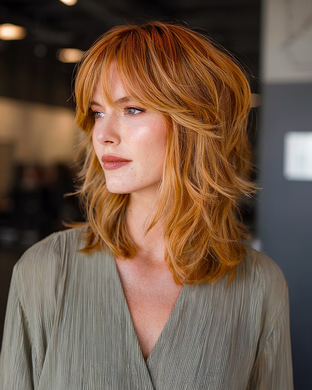 Layered copper-blonde balayage on dark brown hair with shag cut and curtain bangs