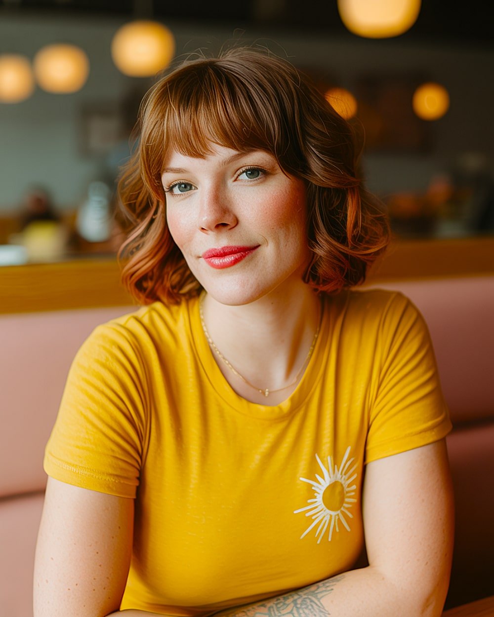 Layered French bob with soft bangs on curled auburn hair for bounce and definition