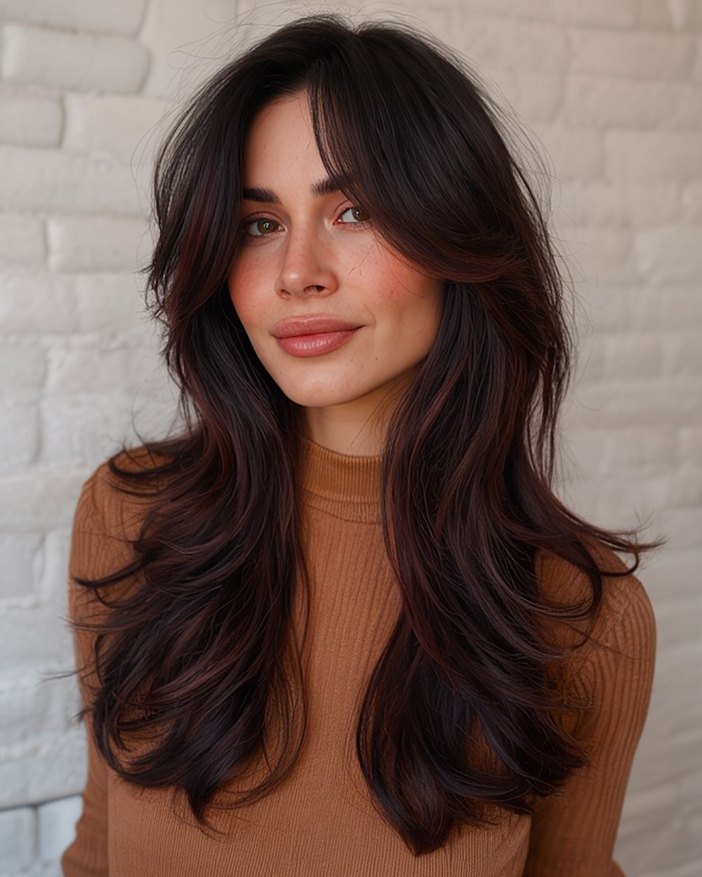 Long butterfly layers with soft waves and burgundy lowlights on dark hair