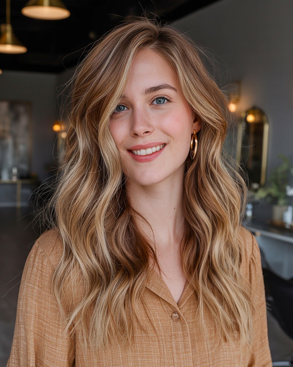 Long honey blonde balayage on dark brown hair with soft waves and seamless midshaft blending