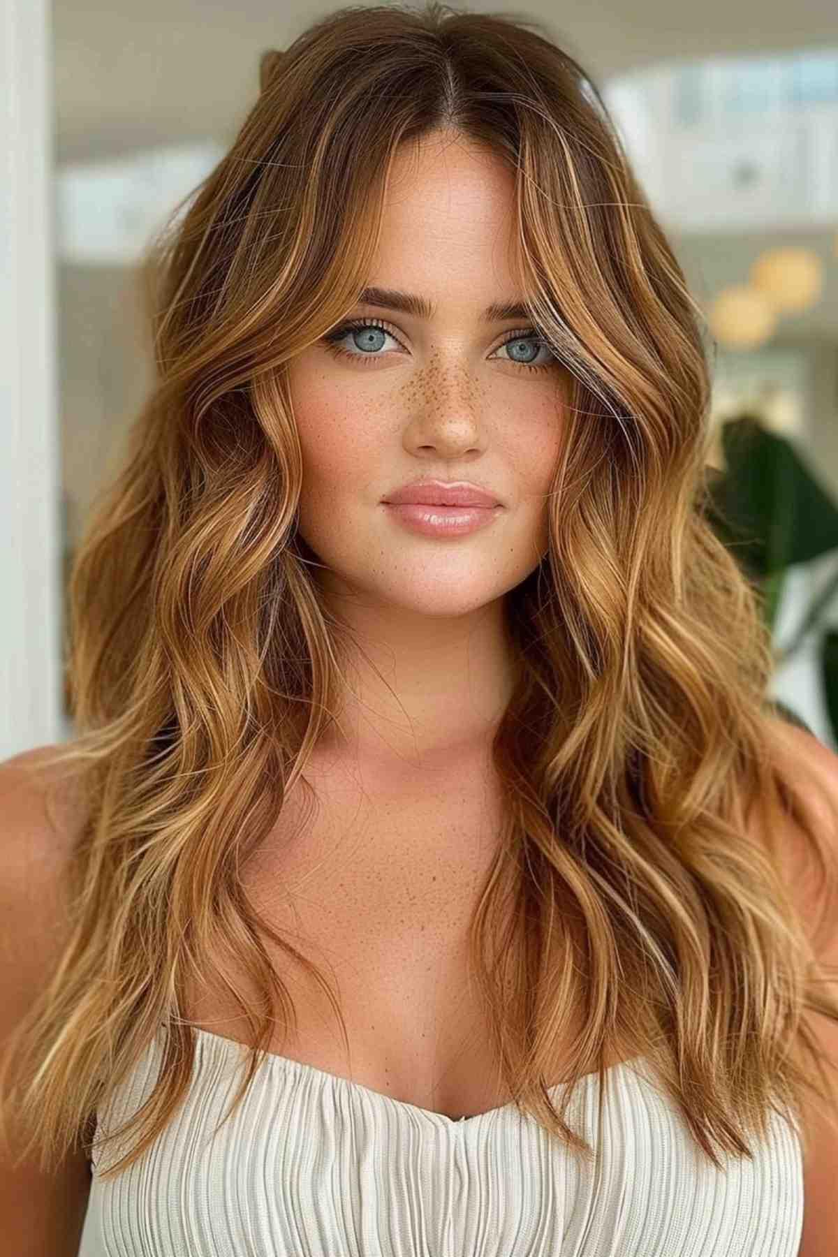 Long wavy hair with honeyed hazelnut and strawberry blonde balayage