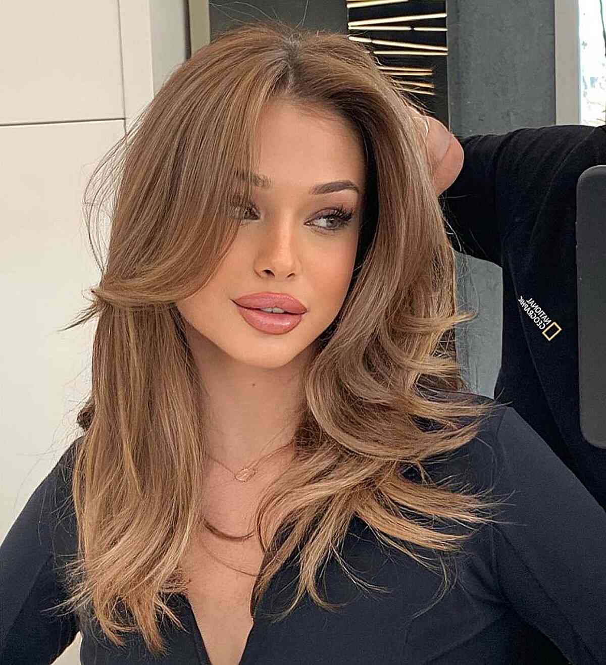 Medium Brown Straight Layers for women with long blowout hair