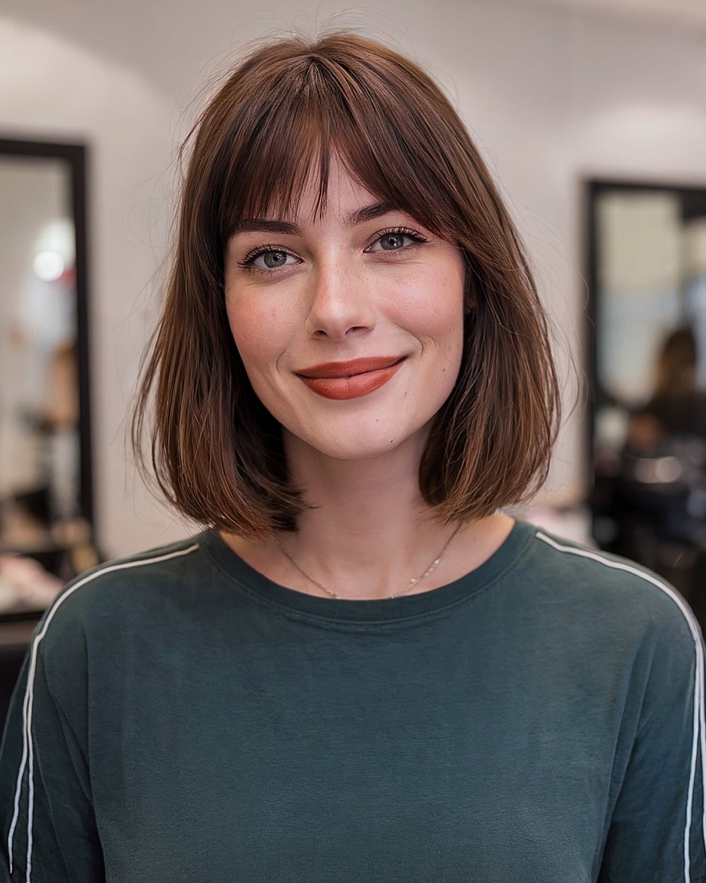 Medium-length French bob with bangs on straight brown hair for a classic, balanced cut
