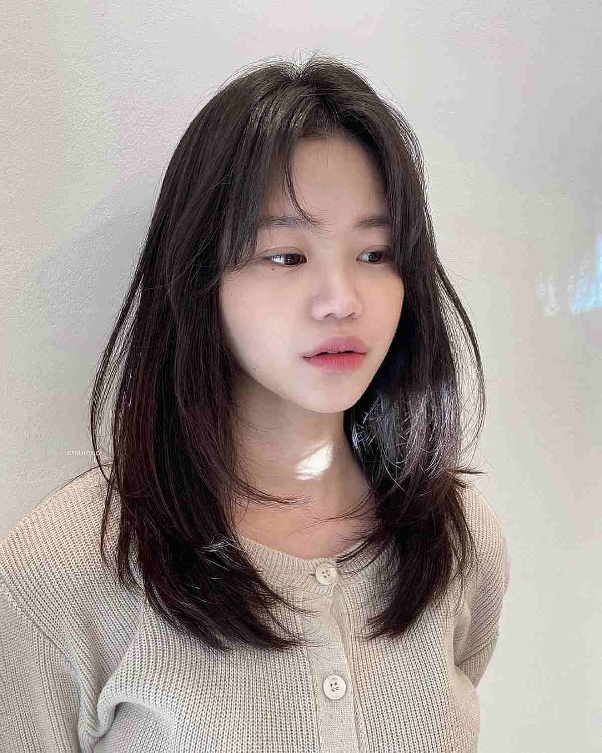 Medium Sleek Layered Haircut with Middle Part Bangs