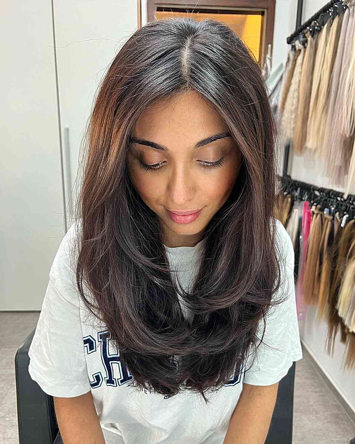 Middle-Parted Butterfly Cut for Chest-Length Dark hair