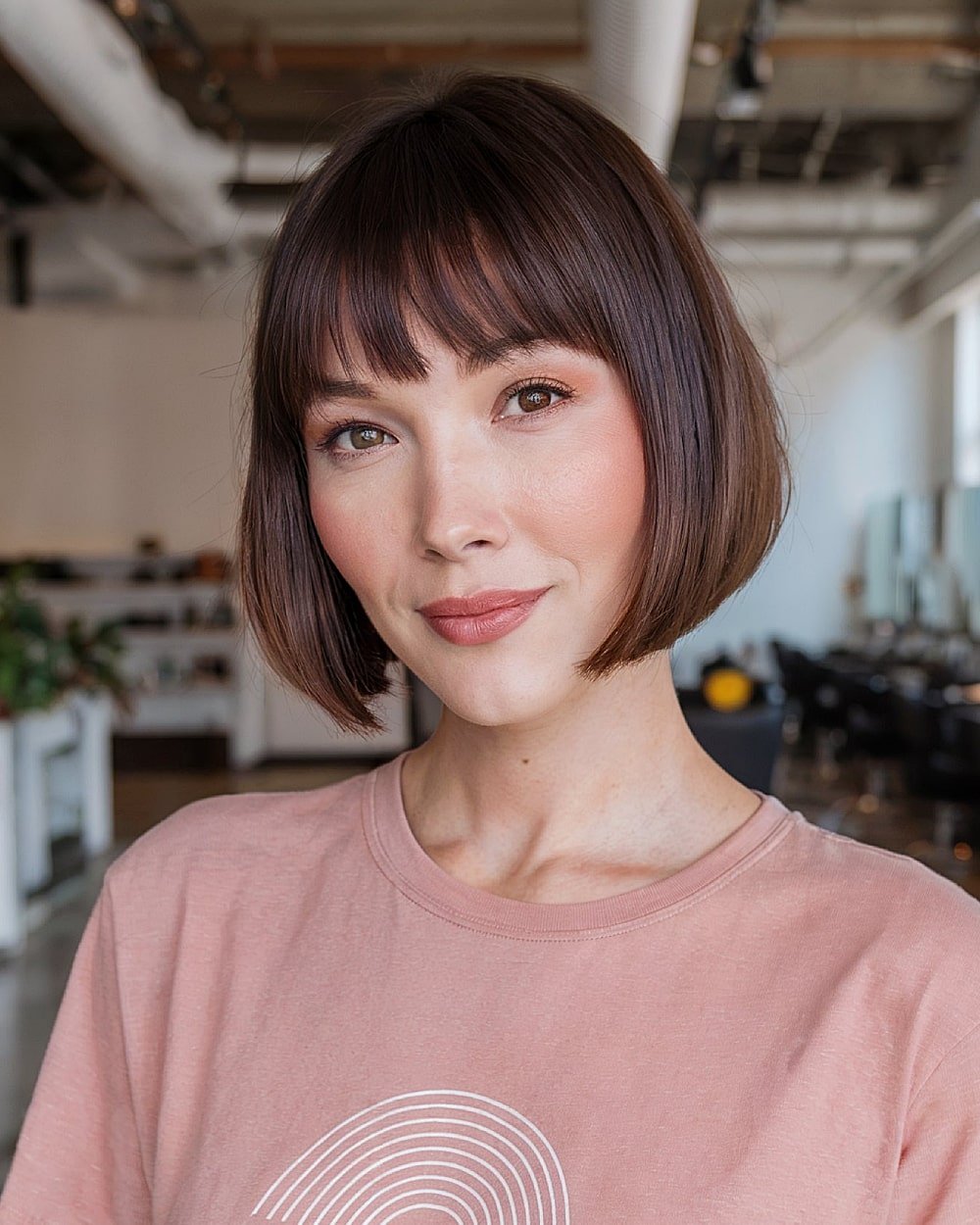 Polished chin-length French bob with bangs on sleek dark brown hair for a sharp silhouette