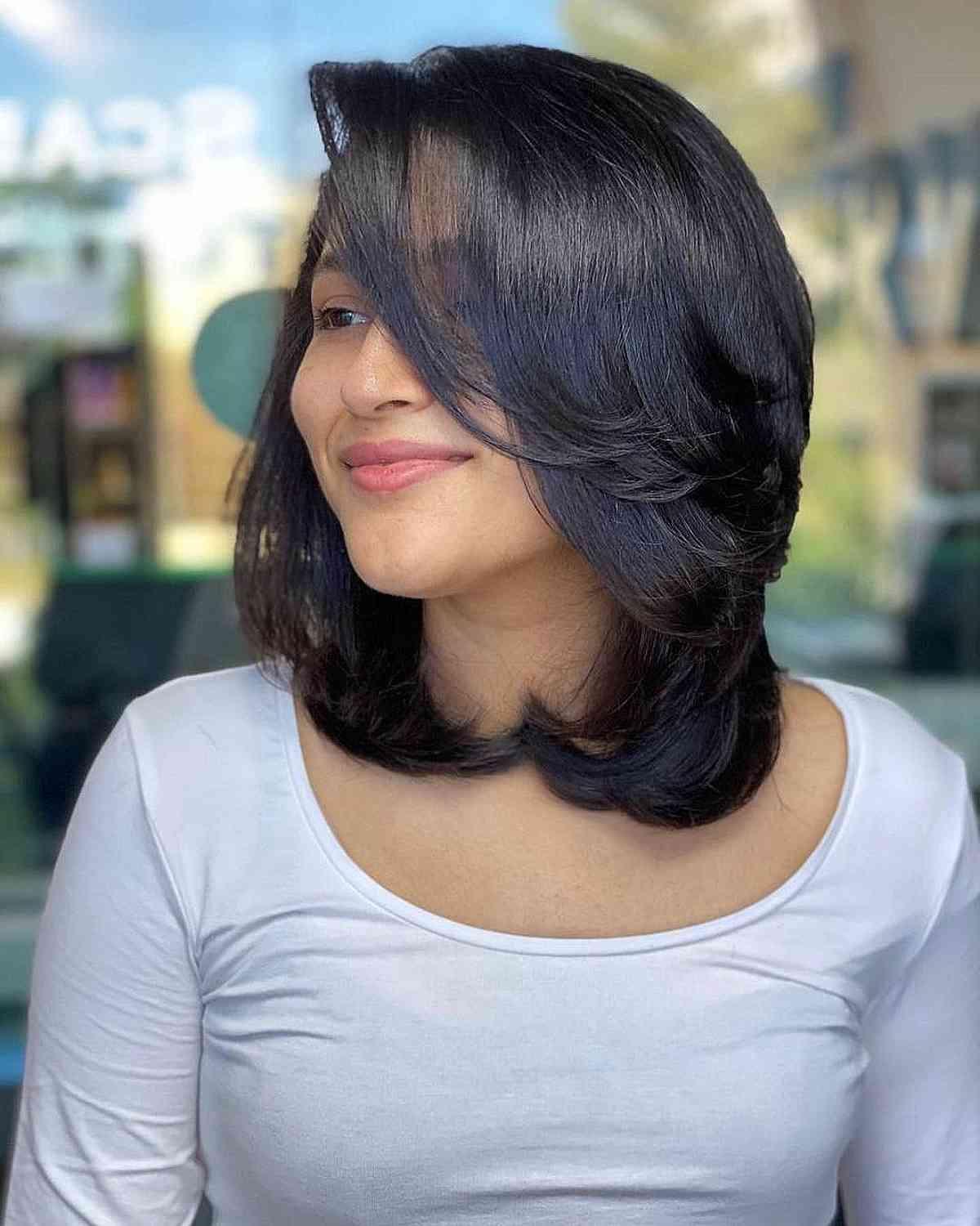 Polished Long Side Bangs on Short-to-Medium Layered Hair