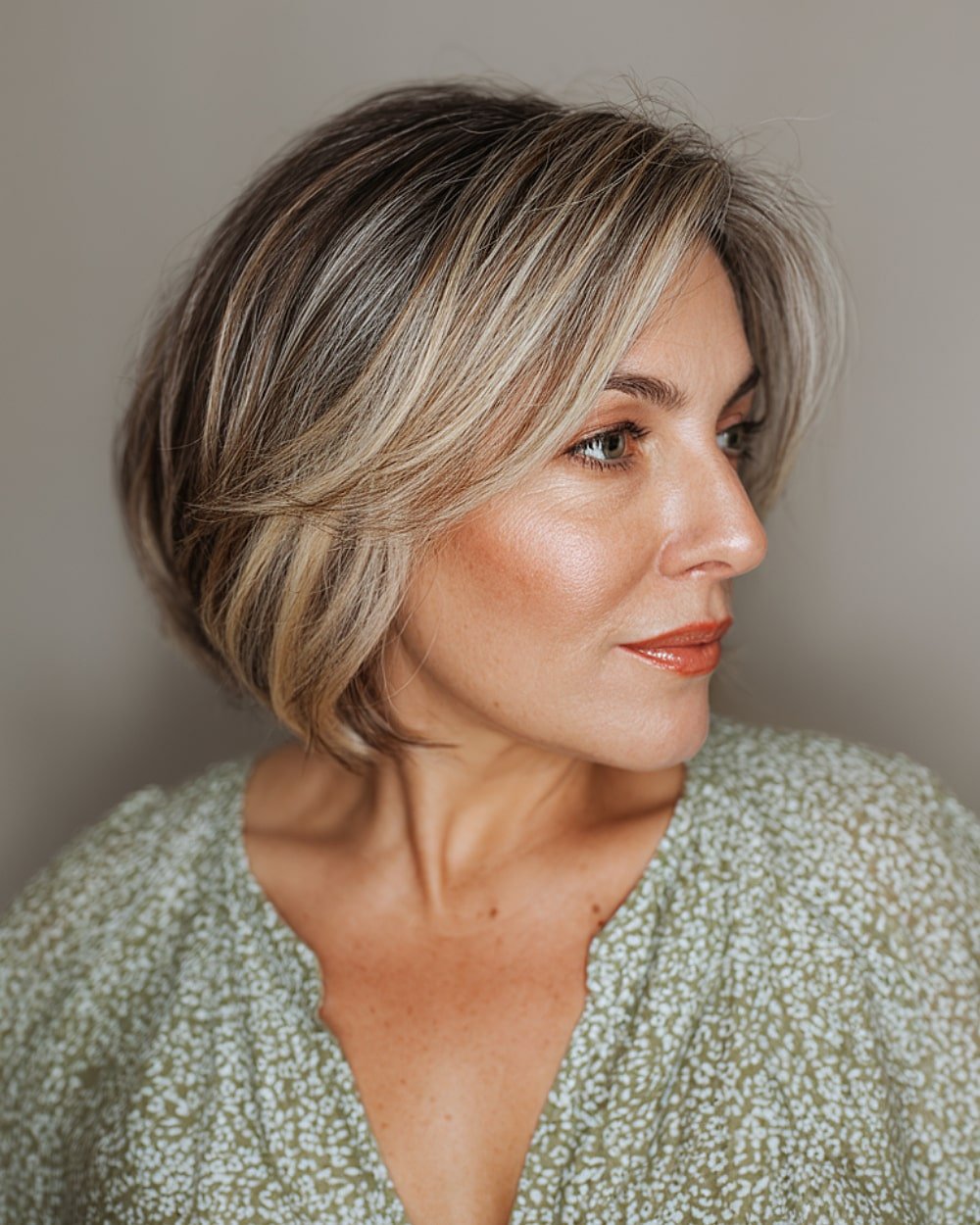 Rooted feathered bob with blonde balayage over dark brown short hair and side-swept layers