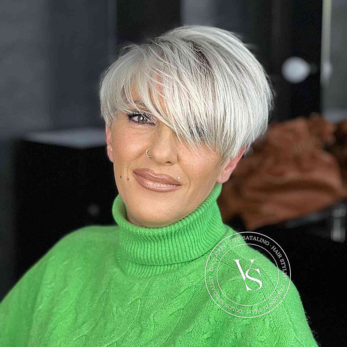 Silver Grey Long Pixie with Bangs on Older Women with Oval Face