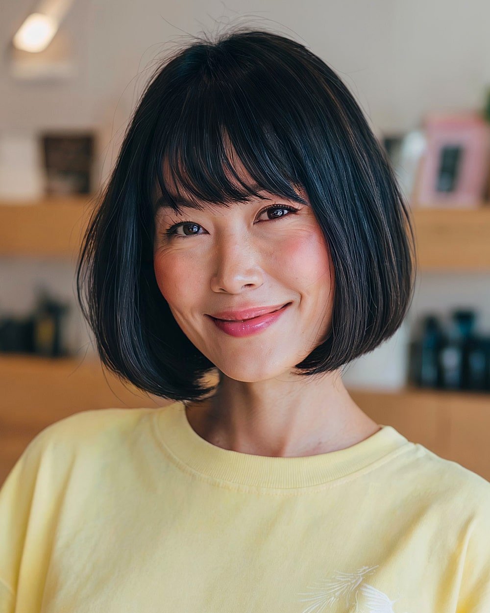 Sleek Asian French bob with soft bangs and rounded ends for a polished, face-framing look