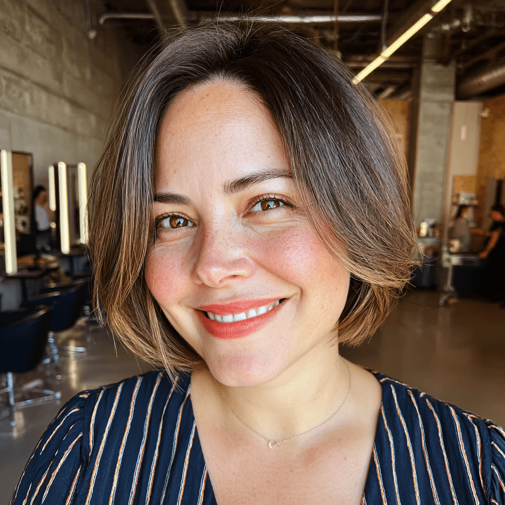 Sleek side-parted chin-length bob for fuller cheeks