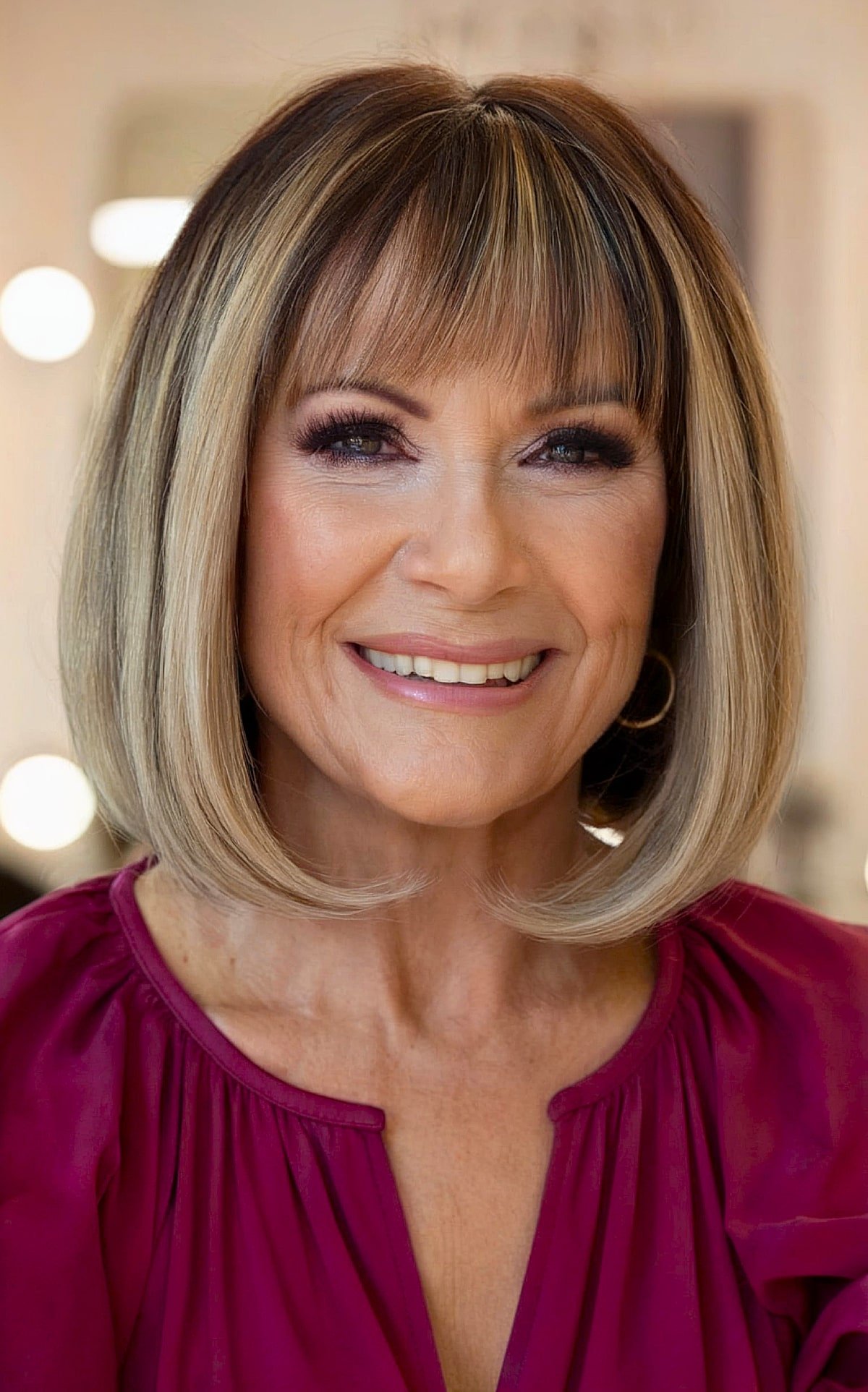 soft bob cut with fringe for older women