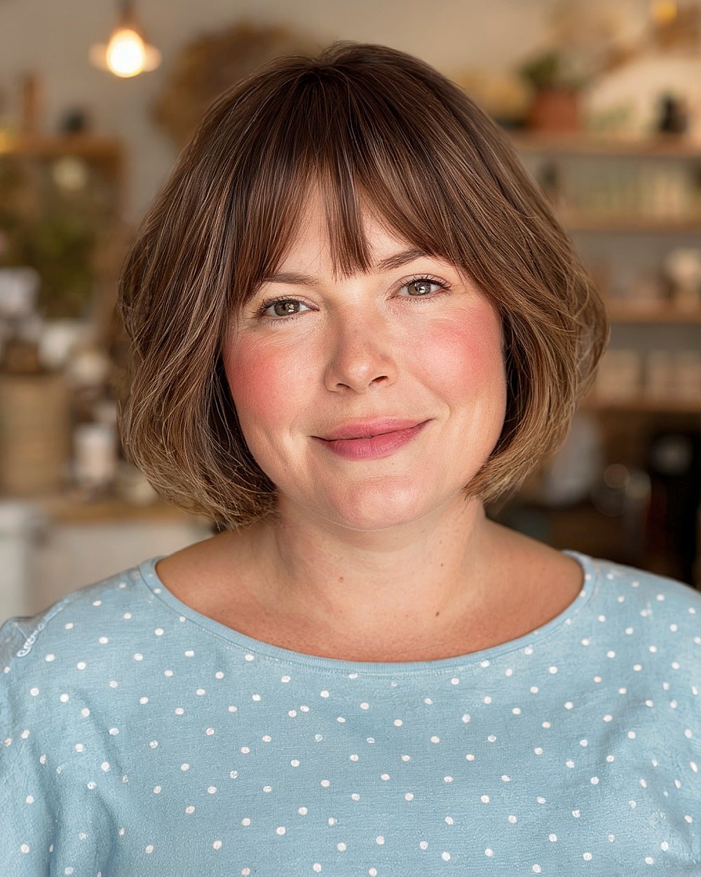 Soft French bob with bangs on straight brown hair for round face shapes