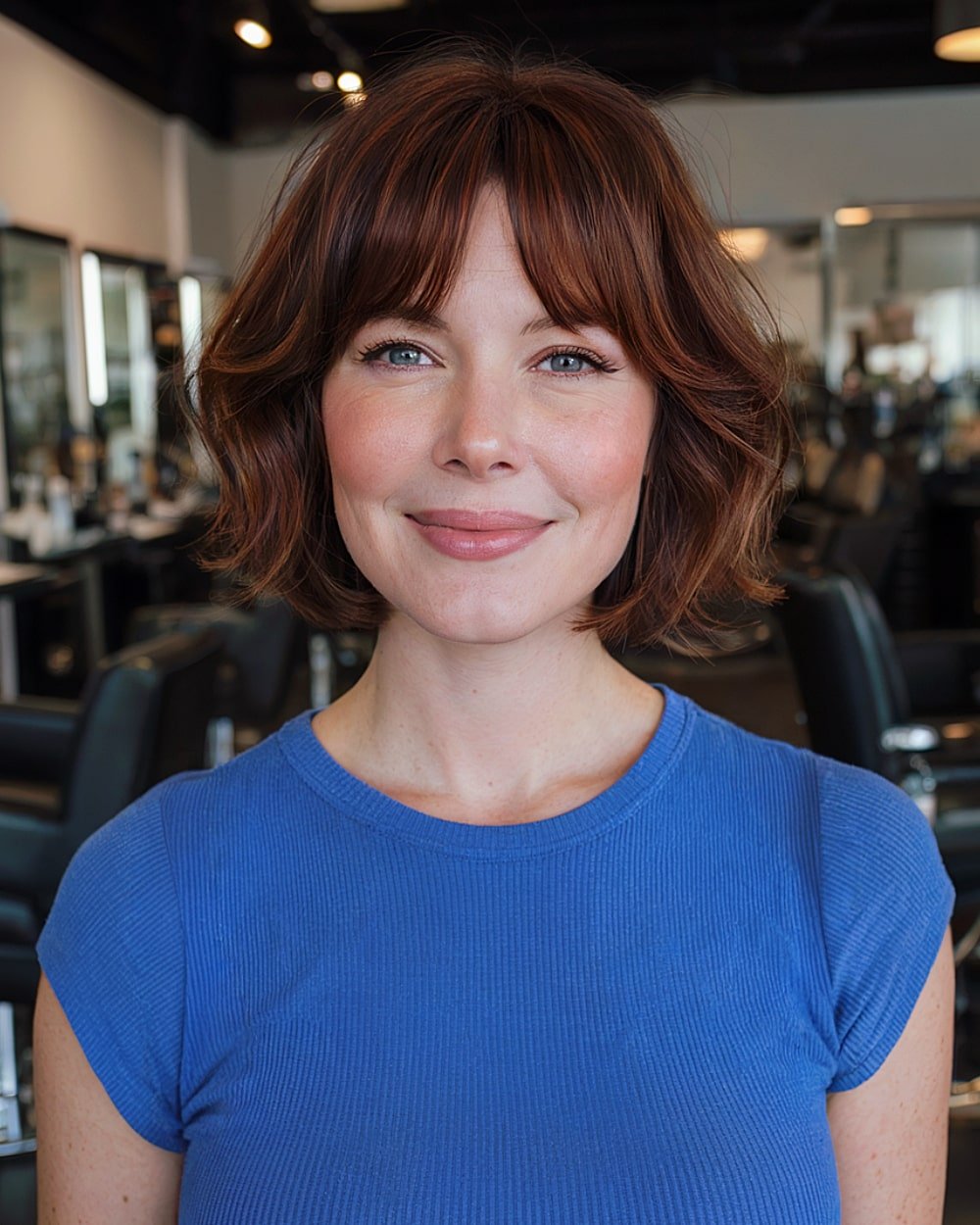 Soft wavy French bob with bangs on auburn hair for square face shapes