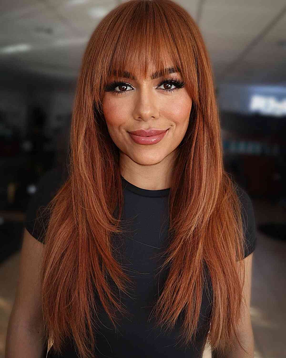Straight Hairstyle with Dark Auburn Layers