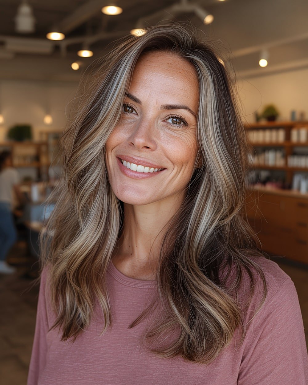 Sunkissed cascading layers with blonde balayage on dark brown medium-length wavy hair