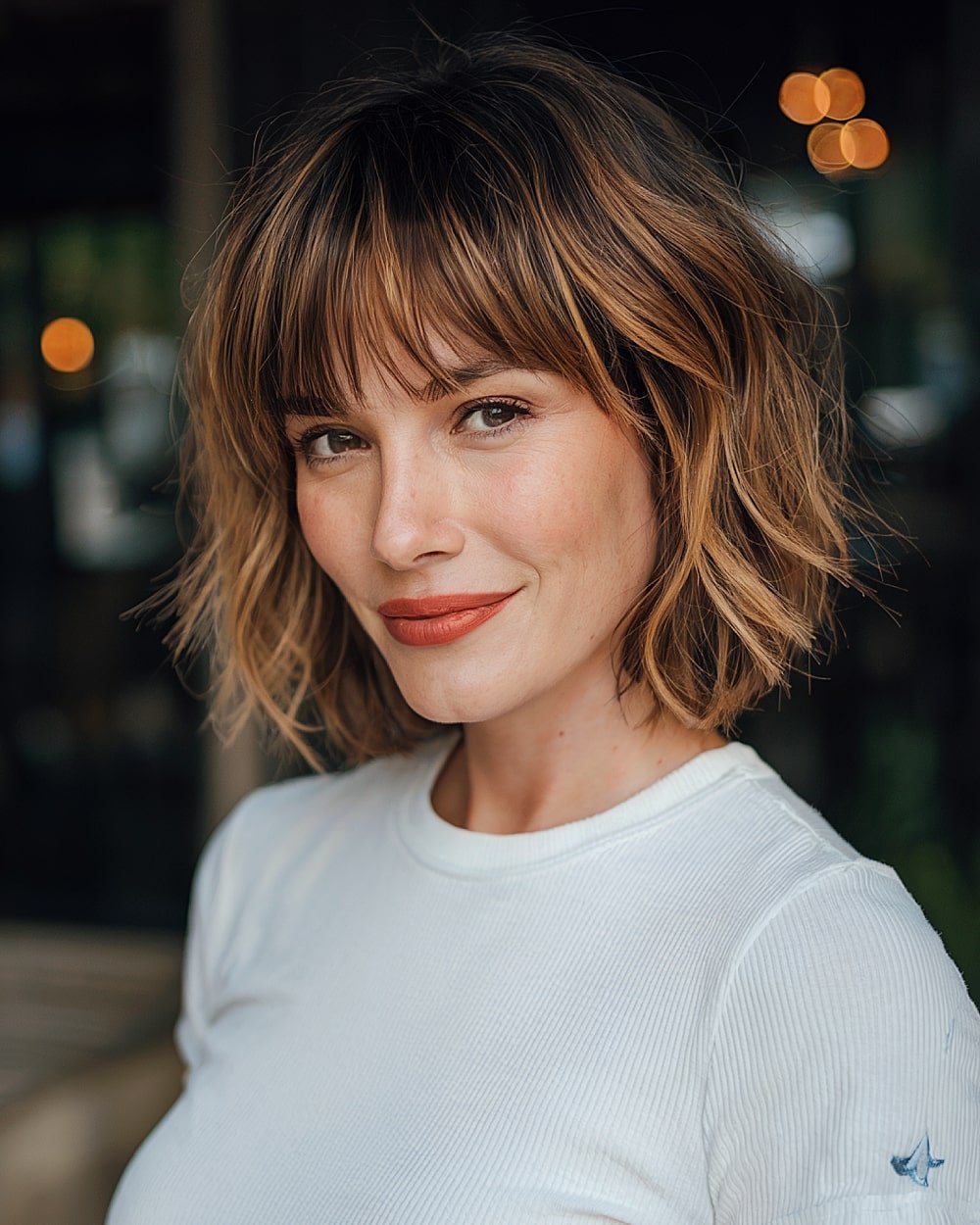 Textured French bob with bangs on tousled brunette hair for enhanced fullness and shape