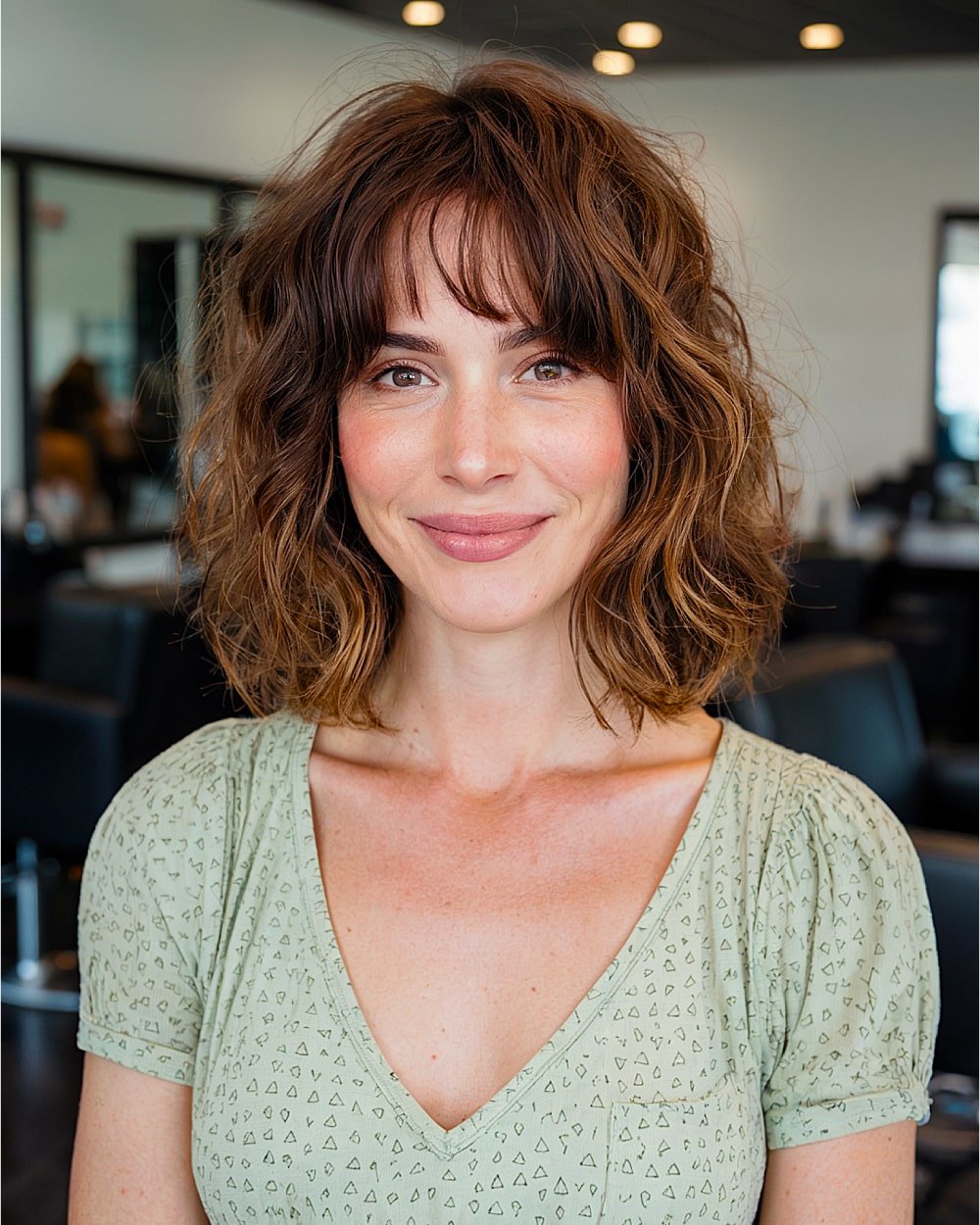 Textured long French bob with bangs on wavy brunette hair for a tousled, low-maintenance style